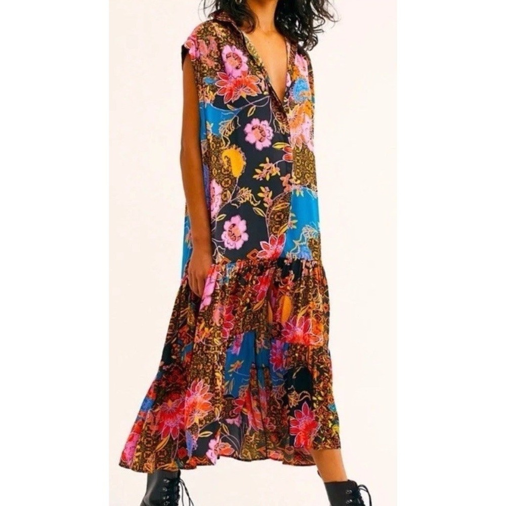 Free People ON MY MIND Floral Patchwork Kimono Fit Oversized Maxi Dress Sz Small